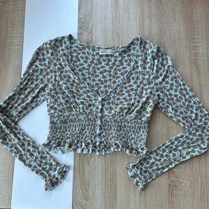 Urban Outfitters Women's Ruffle Sleeve Smocked Long Sleeve Size L Blue & Brown